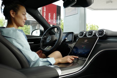Fingerprint payment authorization at a gas station represents the first use case for native in-car payments at the point of sale. Image credit: Mercedes-Benz