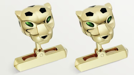 Cufflinks are a growing category within men's accessories and jewelry. see here are a pair of Panthère de Cartier cufflinks in 18K yellow gold (750/1000), 2 tsavorite eyes, black lacquer nose and spots. Price $8,650. Image: Cartier