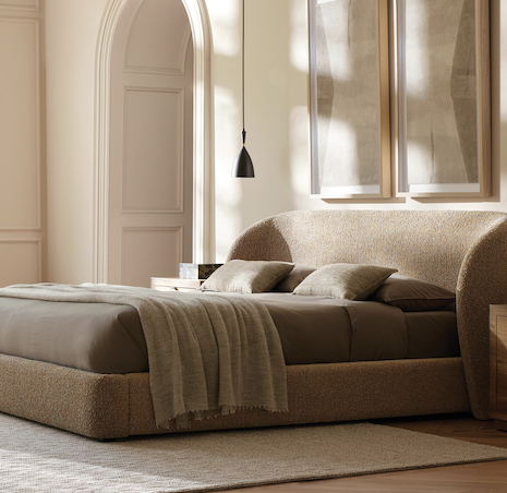 This year’s luxe bedrooms are havens of tranquility, designed to evoke a sense of calm through minimalist decor, soft textures and subdued hues. Seen here is the Adalynn bed. Image: Adalynn