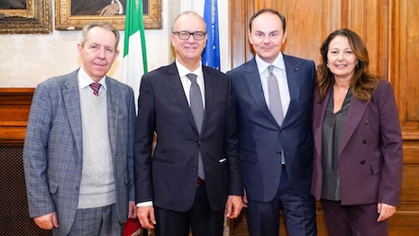 Left to right: Serge Brunschwig, chairman/CEO of Fendi and board member of Altagamma for the development of human capital and talents; Giuseppe Valditara, Italian minister for education and merit; Altagamma chairman Matteo Lunelli; and Stefania Lazzaroni, general manager of the Altagamma Foundation after signing a collaboration agreement for the third time on the Adopt a School project to train students as they consider a career in artisanship. Image: Altagamma